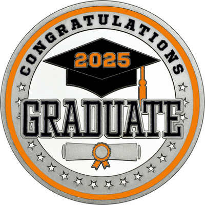 Black "Congratulations Graduate" with Orange 2025, Rim, Tassel & Ribbon